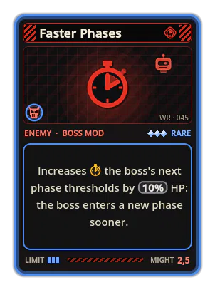 Faster Phases: Increases the boss's next phase thresholds by 10% HP: the boss enters a new phase sooner.