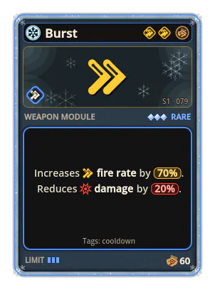 Burst: Fire rate +70% −Damage −20%