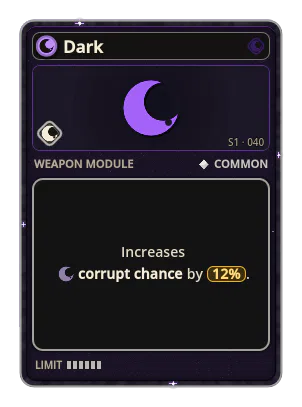 Dark: A chance for a bullet that corrupts enemies: they take more damage, and when they die they explode and corrupt their neighbours. Dark · chance 12%