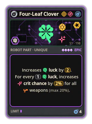 Four-Leaf Clover: +2 Luck (rarer cards) For every 1 luck, increases crit chance by 2% (max 20%).