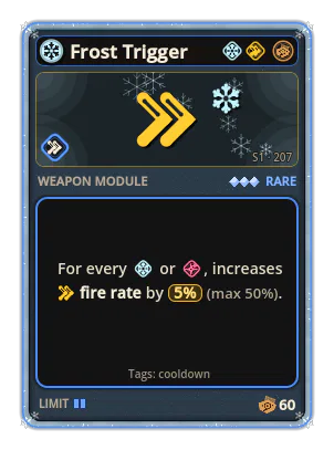 Frost Trigger: +5% Fire rate per icon: Ice / Precision (max +50%)