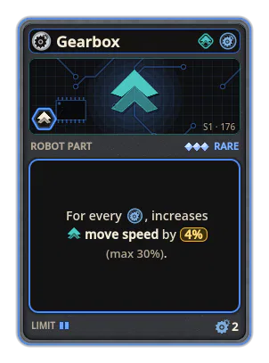 Gearbox: +4% Move speed per icon: Gears (max +30%)