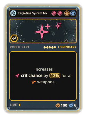Targeting System Mk V: +12% Crit chance of all weapons