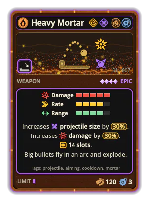 Heavy Mortar: Big bullets fly slowly in an arc at the enemy and explode on landing. Rare, but hard hitting. 14 slots Projectile size +30% Damage +30%