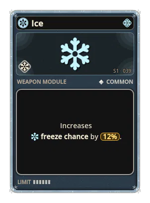 Ice: A chance for a bullet that slows enemies, more with every hit. A few hits in a row freeze the enemy. Ice · chance 12%