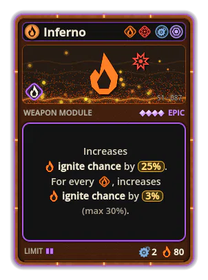 Inferno: Fire · chance 25% +3% Fire per icon: Fire (max +30%)