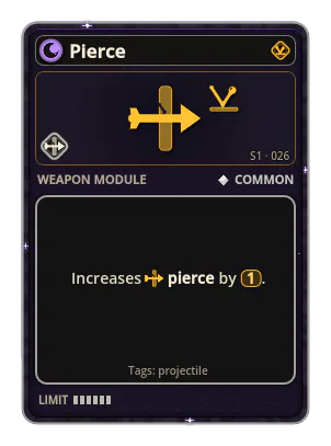 Pierce: Flies through enemies. Satellites: keep cutting. Mortar: bounces on in the same direction. Pierce ×1