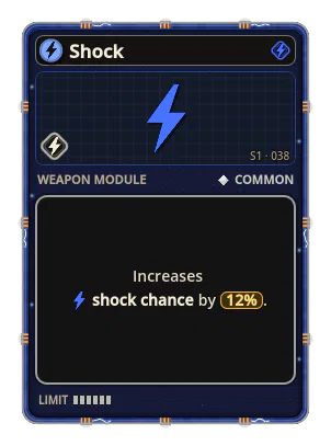 Shock: A chance for a bullet whose hit jumps in arcs to nearby enemies. Shock · chance 12%