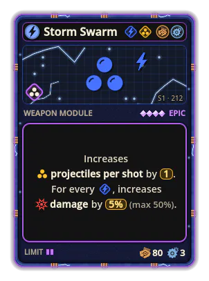 Storm Swarm: +1 emission per shot +5% Damage per icon: Shock (max +50%)