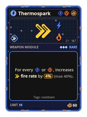 Thermospark: +4% Fire rate per icon: Shock / Fire (max +40%)
