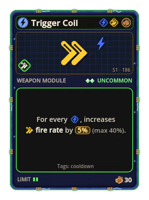 Trigger Coil: +5% Fire rate per icon: Shock (max +40%)
