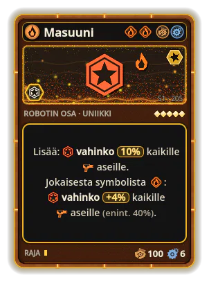 Masuuni: +10% Kaikkien aseiden vahinko +4% Kaikkien aseiden vahinko jokaisesta kuvakkeesta: Tuli (enint. +40%)