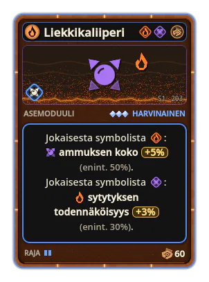 Liekkikaliiperi: +5% Ammuksen koko jokaisesta kuvakkeesta: Tuli (enint. +50%) +3% Tuli jokaisesta kuvakkeesta: Kaliiperi (enint. +30%)