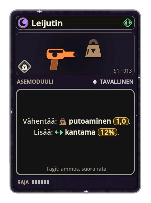 Leijutin: Ammus lentää pidempään ennen kuin putoaa. Putoaminen −1,0 Kantama +12%