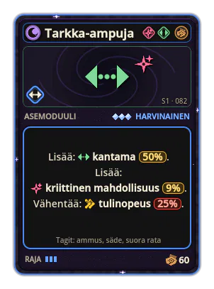 Tarkka-ampuja: Kantama +50% Kriittinen mahdollisuus +9% −Tulinopeus −25%