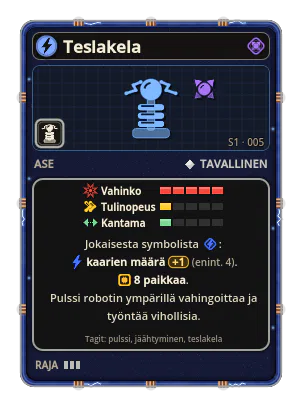 Teslakela: Pulssi robotin ympärillä vahingoittaa ja työntää vihollisia. 8 paikkaa Jokaisesta symbolista : kaarien määrä +1 (enint. 4).