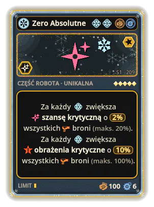 Zero Absolutne: +2,0 Szansa krytyczna za każdą ikonę: Lód (maks. +20,0) +10,0 Obrażenia krytyczne za każdą ikonę: Lód (maks. +100,0)