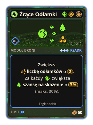 Żrące Odłamki: Rozszczepienie ×2 +3% Kwas za każdą ikonę: Kwas (maks. +30%)