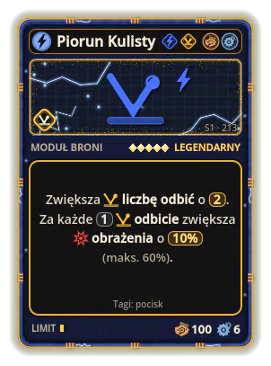 Piorun Kulisty: Rykoszet ×2 Za każde 1 odbicie zwiększa obrażenia o 10% (maks. 60%).