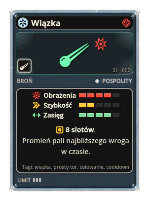 Wiązka: Promień celuje w najbliższego wroga i pali go w czasie. 8 slotów