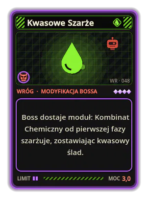 Kwasowe Szarże: Boss dostaje moduł: Kombinat Chemiczny od pierwszej fazy szarżuje, zostawiając kwasowy ślad.