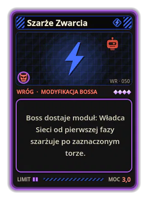 Szarże Zwarcia: Boss dostaje moduł: Władca Sieci od pierwszej fazy szarżuje po zaznaczonym torze.