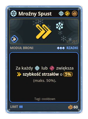 Mroźny Spust: +5% Szybkość strzałów za każdą ikonę: Lód / Precyzja (maks. +50%)