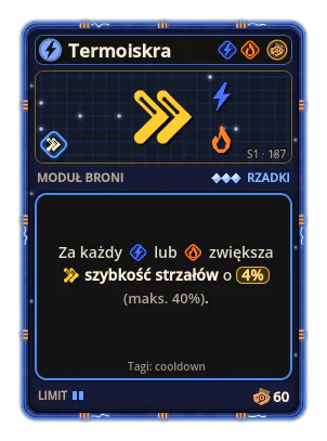 Termoiskra: +4% Szybkość strzałów za każdą ikonę: Prąd / Ogień (maks. +40%)
