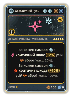 Абсолютний нуль: +2,0 Критичний шанс за кожну іконку: Лід (макс. +20,0) +10,0 Критична шкода за кожну іконку: Лід (макс. +100,0)