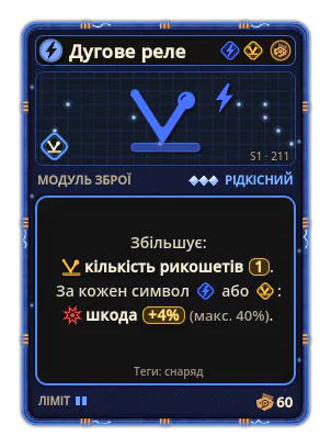 Дугове реле: Рикошет ×1 +4% Шкода за кожну іконку: Струм / Відскок (макс. +40%)