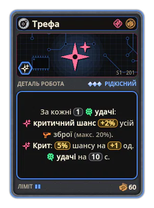 Трефа: За кожні 1 удачі: критичний шанс +2% (макс. 20%). Крит: 5% шансу на +1 од. удачі на 10 с.