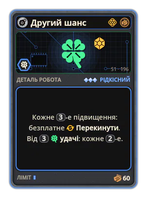 Другий шанс: Кожне 3-е підвищення: безплатне Перекинути. Від 3 удачі: кожне 2-е.