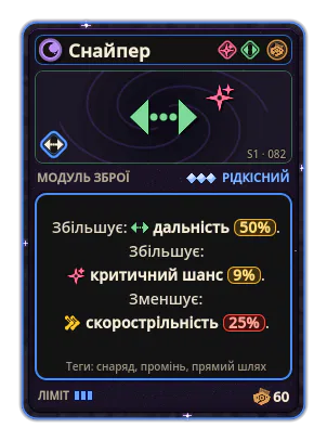 Снайпер: Дальність +50% Критичний шанс +9% −Скорострільність −25%