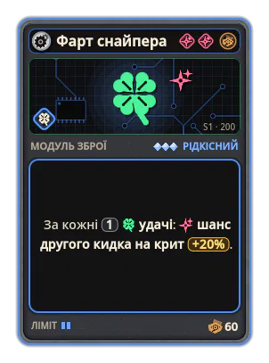 Фарт снайпера: За кожні 1 удачі: шанс другого кидка на крит +20%.