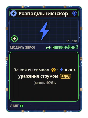 Розподільник іскор: +4% Струм за кожну іконку: Залп (макс. +40%)