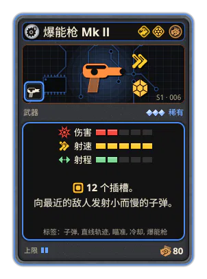 爆能枪 Mk II: 缓慢锁定最近的敌人，持续射击但射速很低。子弹小而慢，很快下坠。 12 个插槽