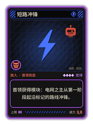 短路冲锋: 首领获得模块：电网之主从第一阶段起沿标记的路线冲锋。