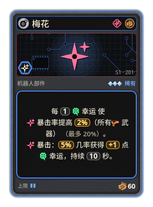 梅花: 每 1 幸运 使暴击率提高 2% （最多 20%）。 暴击：5% 几率获得 +1 点 幸运，持续 10 秒。