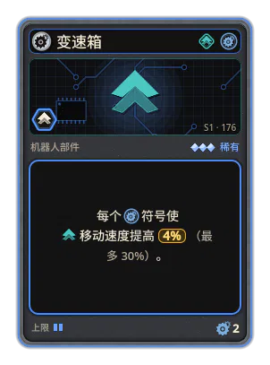 变速箱: +4% 移动速度，每个图标：齿轮（最多 +30%）