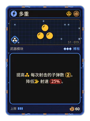 多重: 每次射击更多发射物（卫星：沿圆周分布；脉冲：回声）。 每次射击 +2 发射物 −射速 −25%
