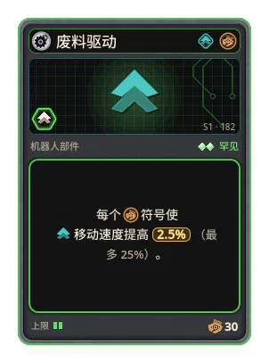 废料驱动: +2.5% 移动速度，每个图标：废料（最多 +25%）