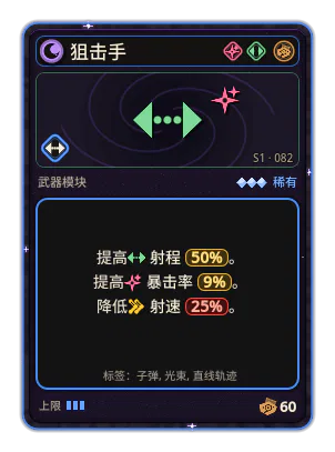 狙击手: 射程 +50% 暴击率 +9% −射速 −25%