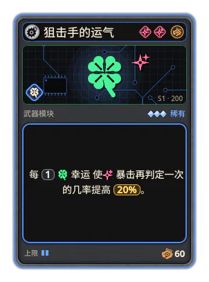 狙击手的运气: 每 1 幸运 使暴击再判定一次的几率提高 20%。
