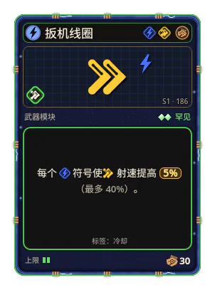 扳机线圈: +5% 射速，每个图标：电流（最多 +40%）