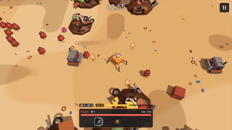 A spider robot walks among red scrap bots and tracked heavy robots in the scrapyard.