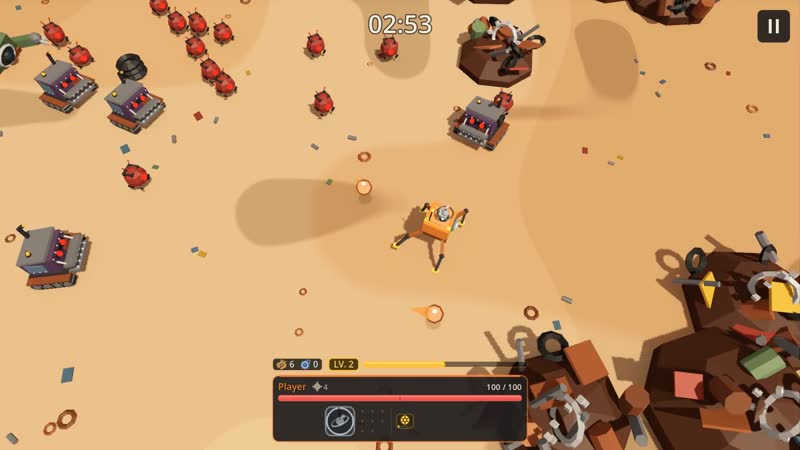 The spider robot on open sand, with scrap heaps and tracked enemies nearby.